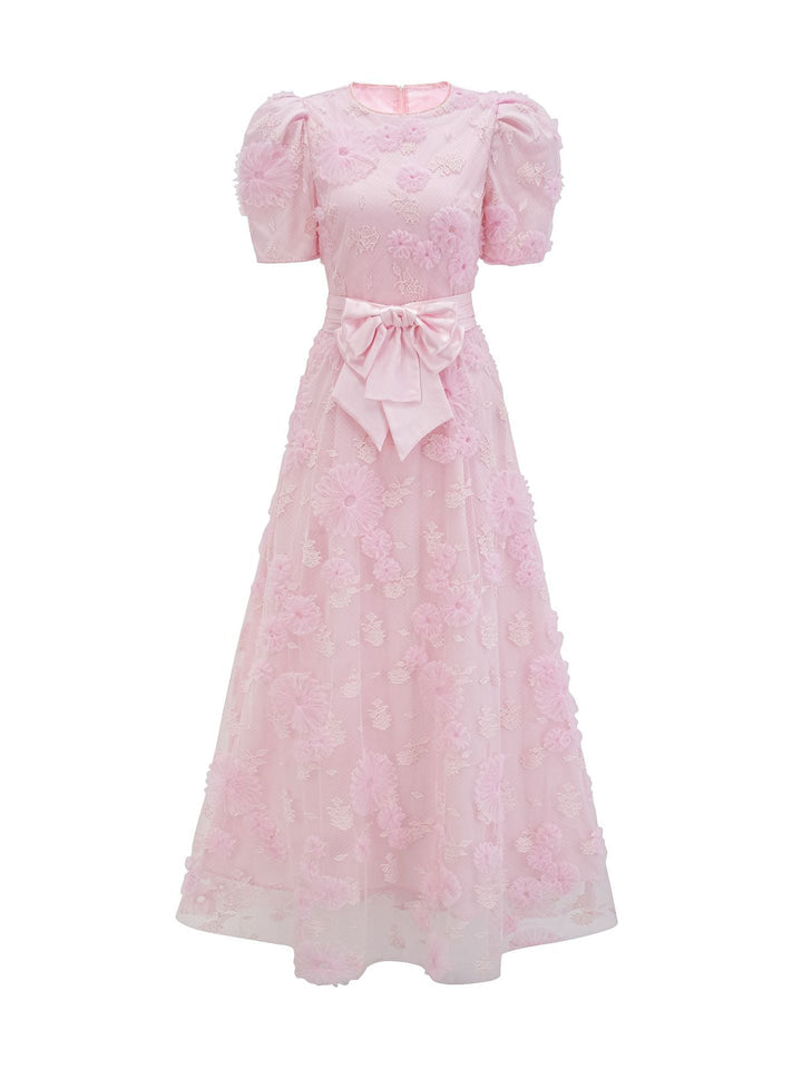 short-sleeve floral embroidered maxi dress with bow waist – ROSÉLLE