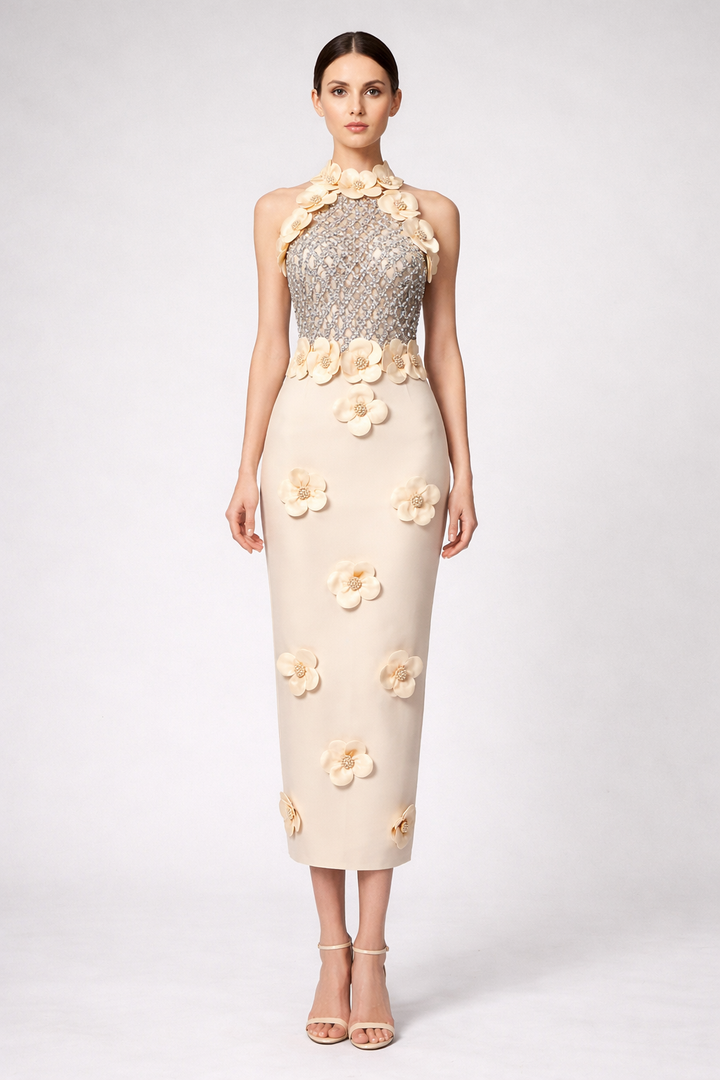 sleeveless fitted midi dress with 3D floral appliqué and sequined bodice – BLOSSOM