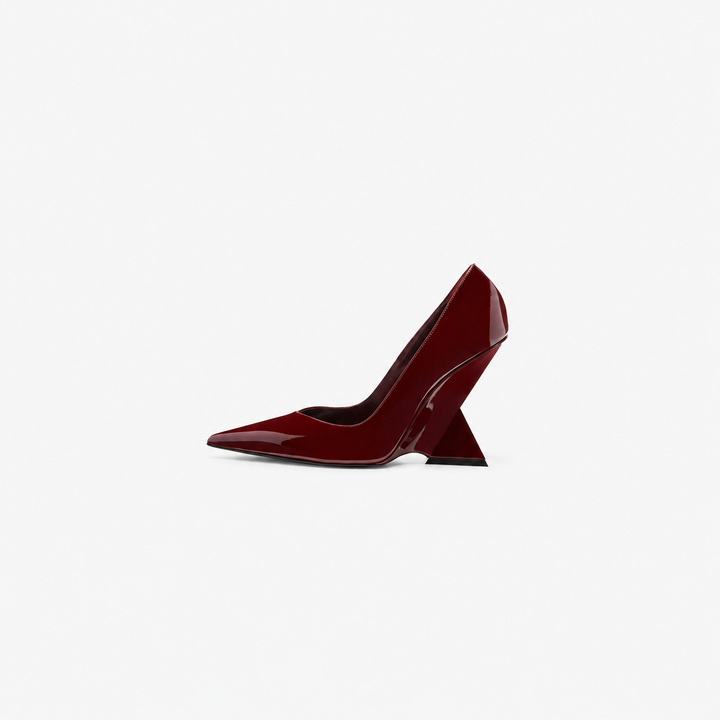 pointed-toe patent pumps with sculpted geometric heel – RUBY