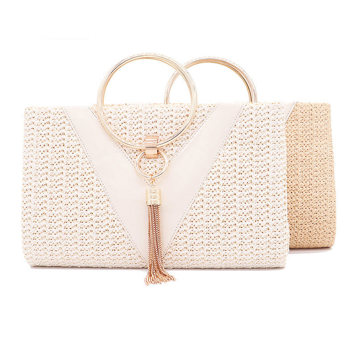 Woven handbag with gold ring handle and tassel detail - Bopi