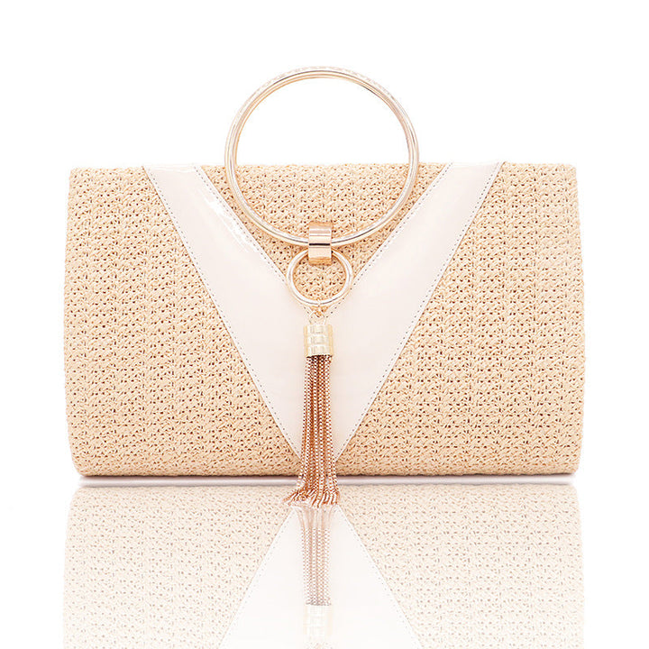 Woven handbag with gold ring handle and tassel detail - Bopi