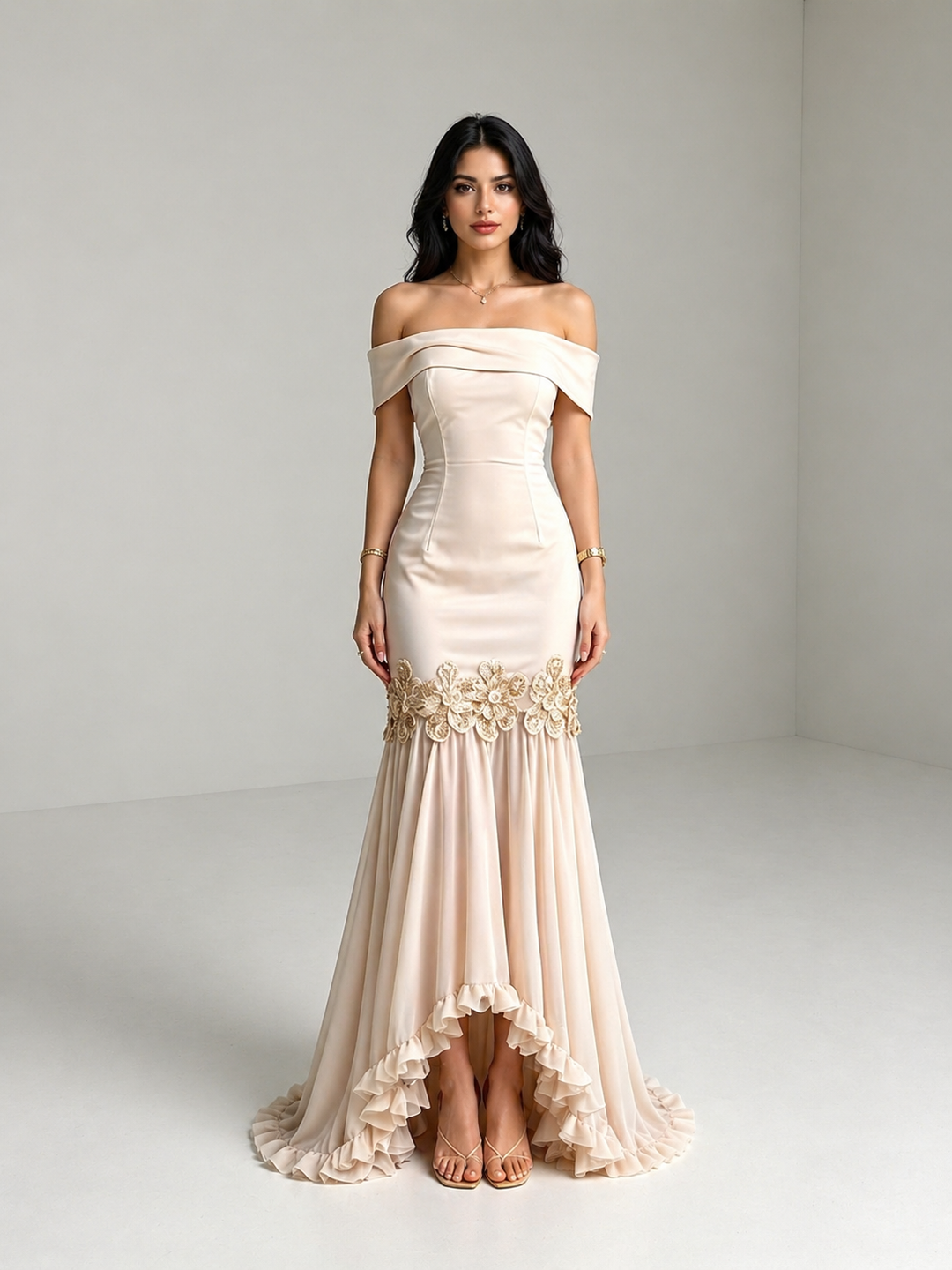 Champagne Off-Shoulder Lace Trim High-Low Mermaid Evening Dress – ÉLARAH