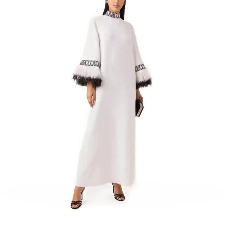 Feather-cuff kaftan gown with embellished collar – Zelphia