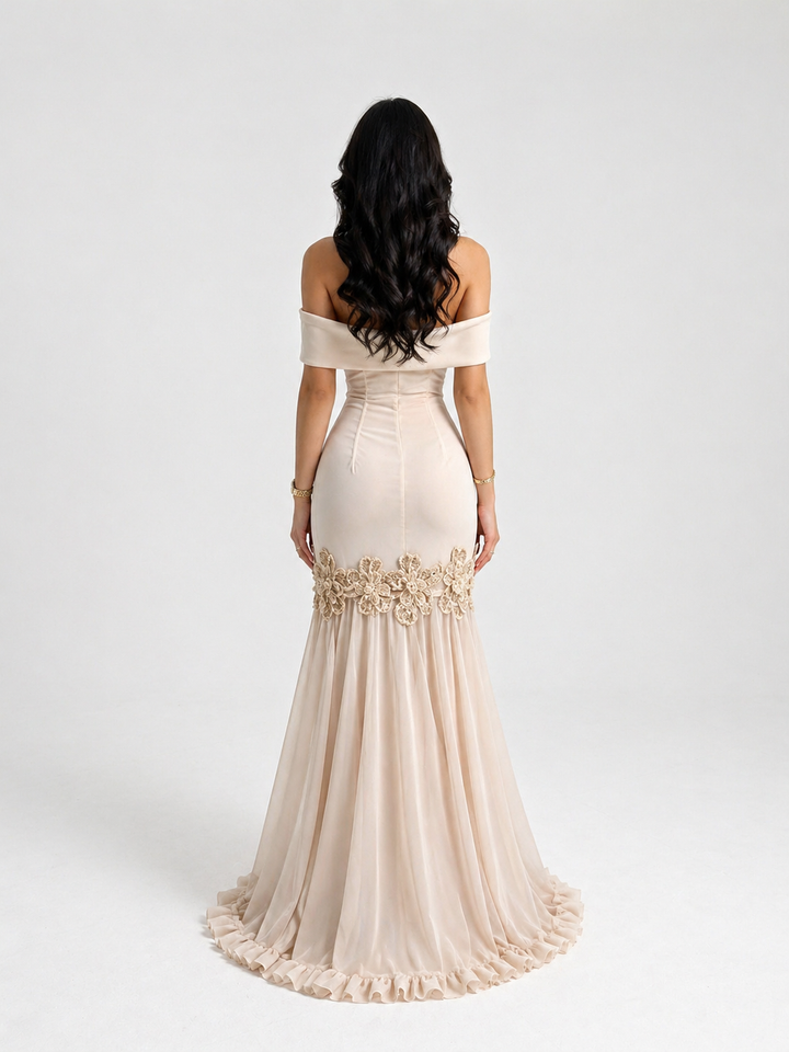 Champagne Off-Shoulder Lace Trim High-Low Mermaid Evening Dress – ÉLARAH