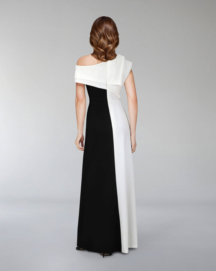 Shoulder off bicolour dress with geometrical shapes - ODD-AILLE