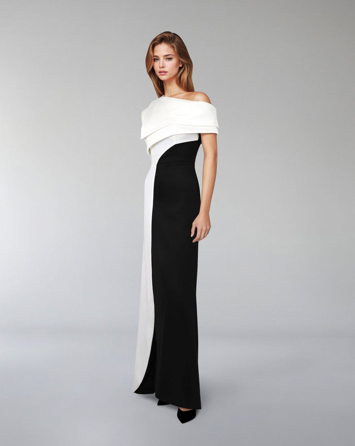 Shoulder off bicolour dress with geometrical shapes - ODD-AILLE