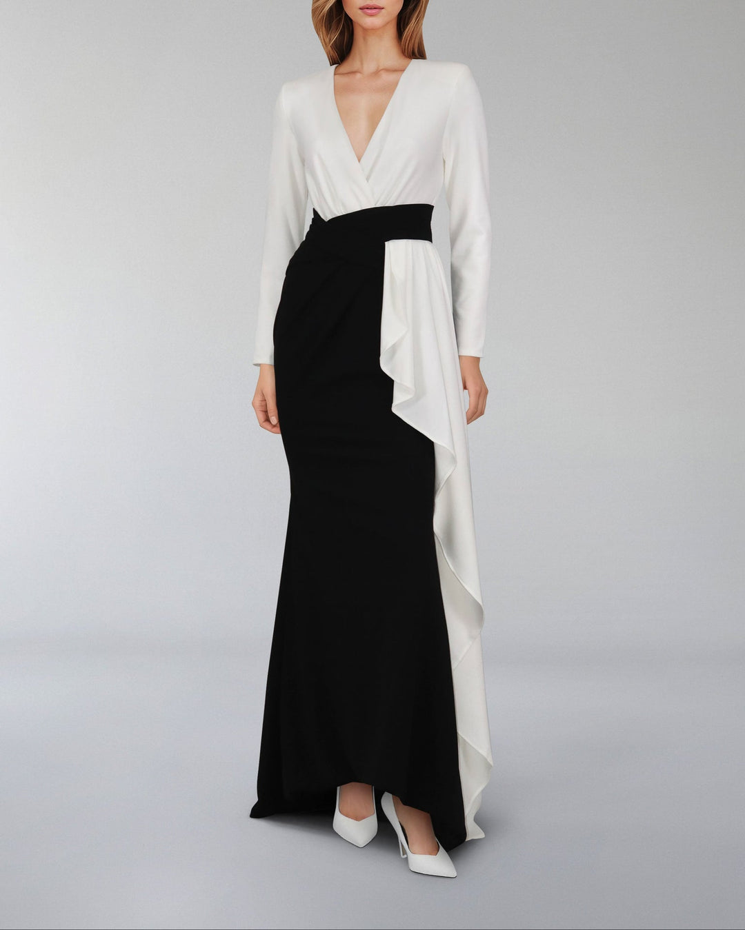 Draped V-neckline dress with ruffle-ODD-Juliah