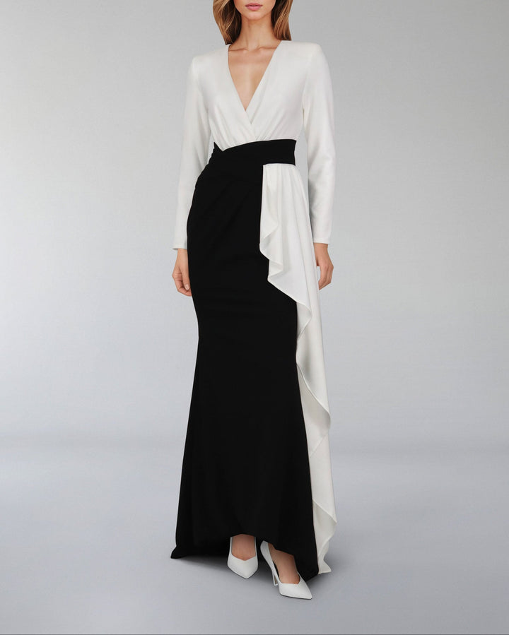 Draped V-neckline dress with ruffle-ODD-Juliah