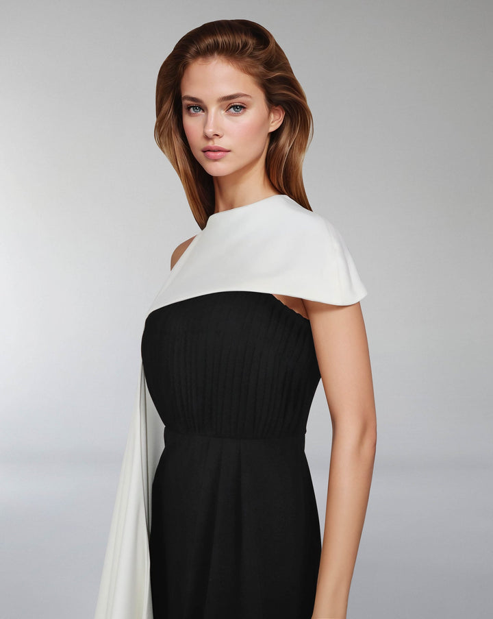 Pleated column dress with asymmetrical cape - ODD-VOREN