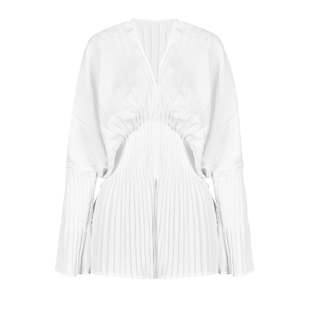Pleated Waist V-Neck Long Sleeve Blouse – AZUREA