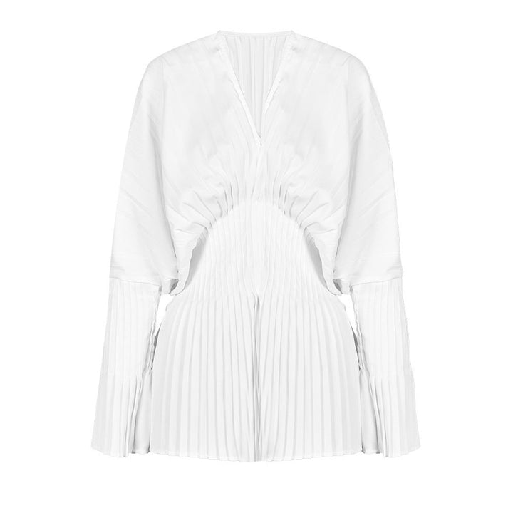 Pleated Waist V-Neck Long Sleeve Blouse – AZUREA