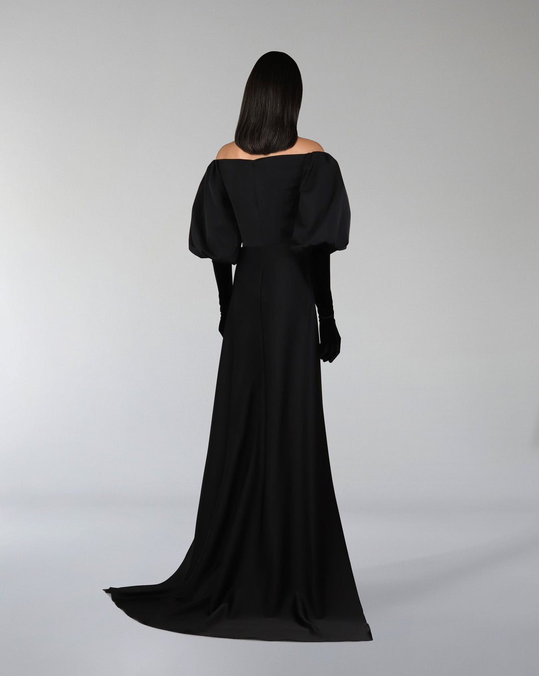 ODD-Shoulders off bicolour dress with puffed sleeves and gloves