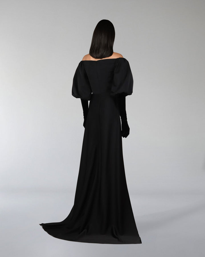 ODD-Shoulders off bicolour dress with puffed sleeves and gloves