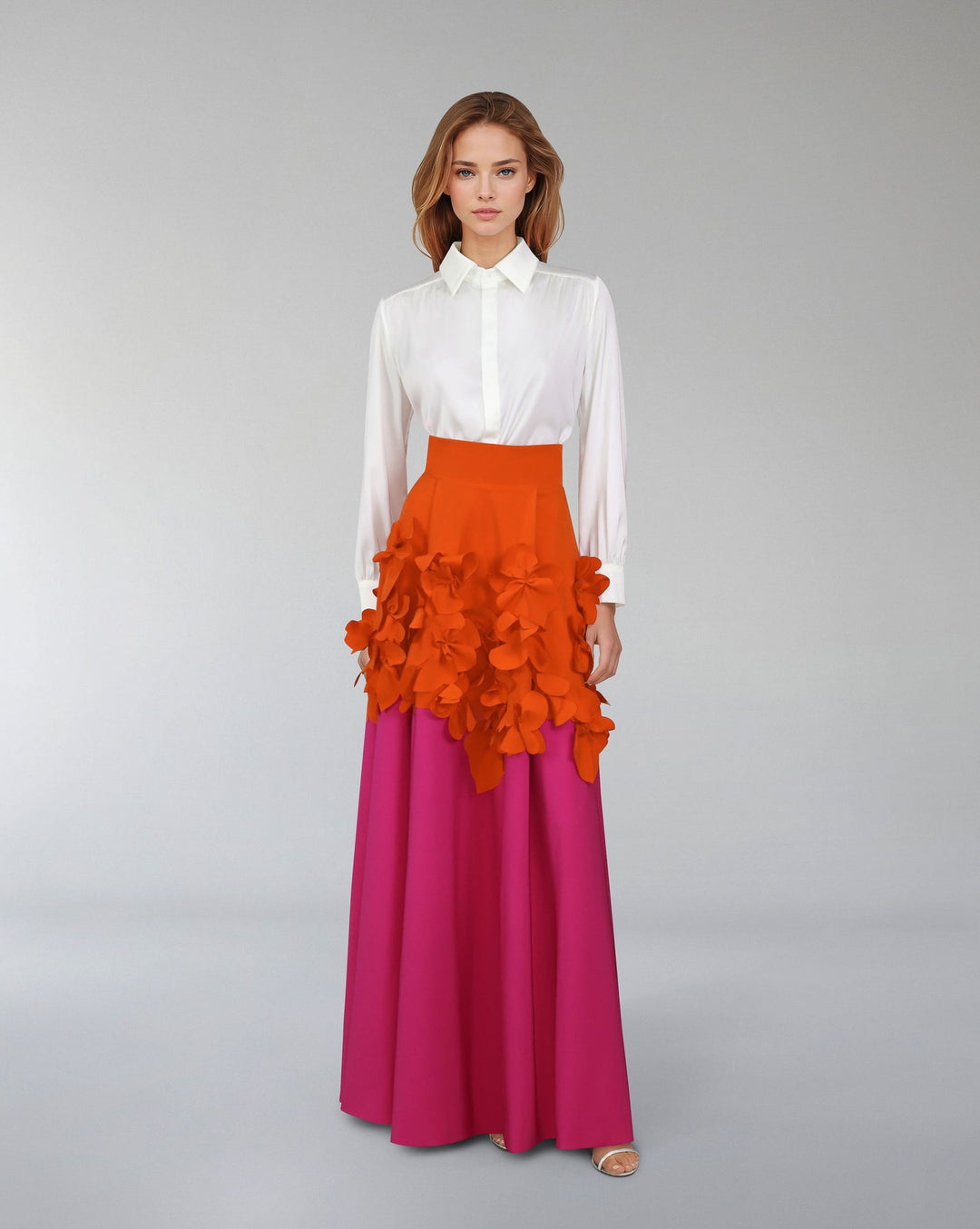 Flowered Bicolour skirt with white shirt - ODD- SET