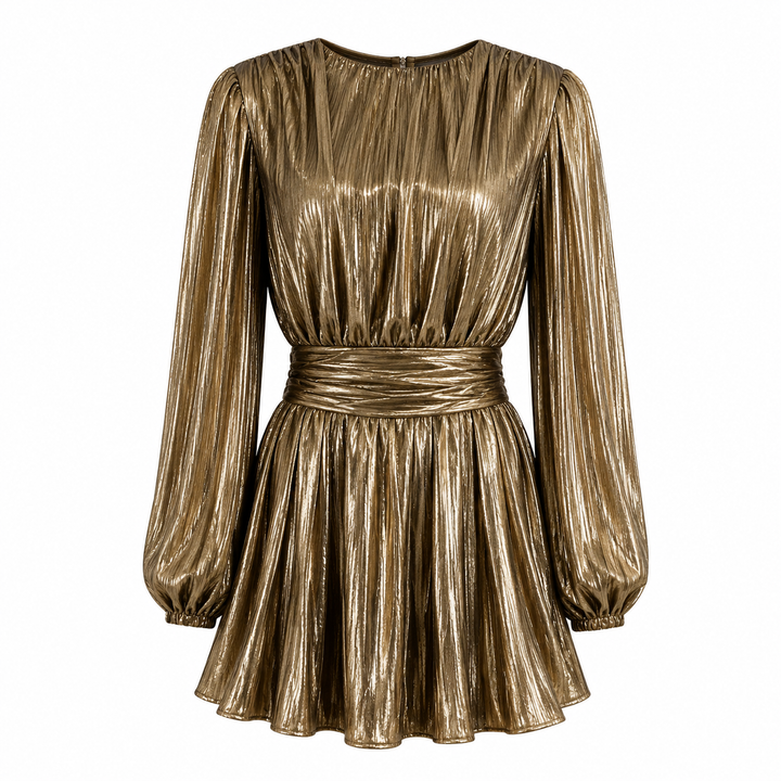 Metallic Pleated Long Sleeve Mini Dress – GOLDEN