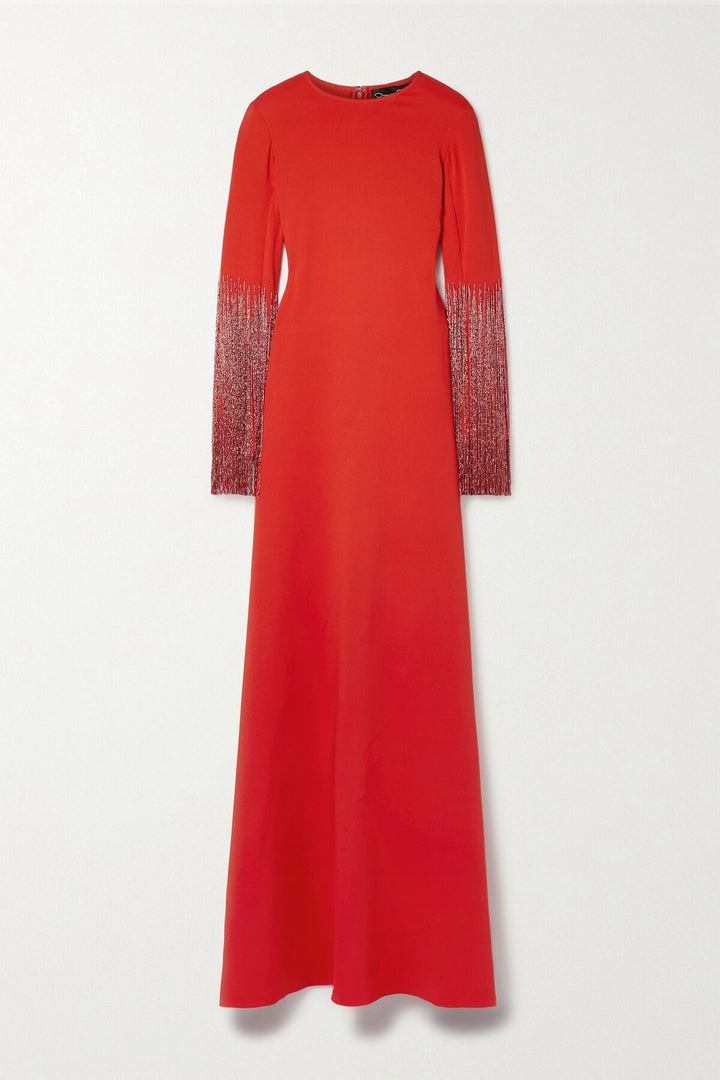 Beaded fringe-sleeve gown with side slit – Lorma