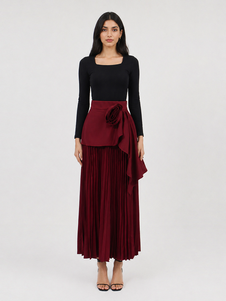 Burgundy Pleated Midi Skirt with Floral Draped Detail – ROSÉVA