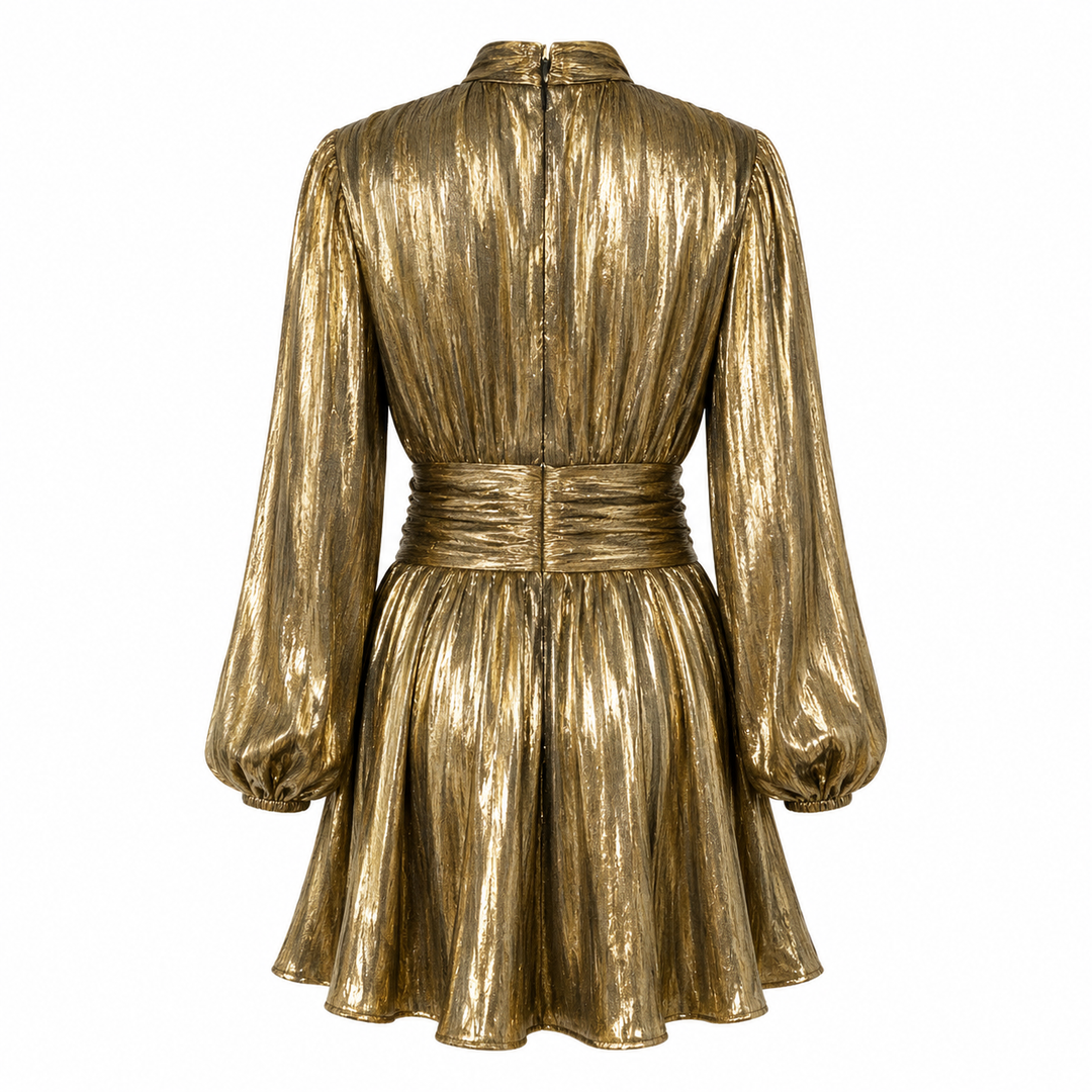 Metallic Pleated Long Sleeve Mini Dress – GOLDEN