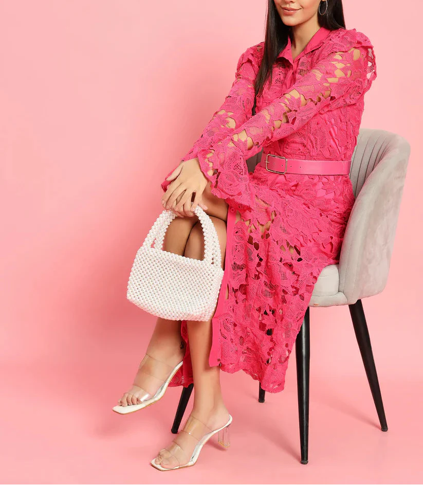long-sleeve lace midi dress with ruffled shoulders – IVORIE