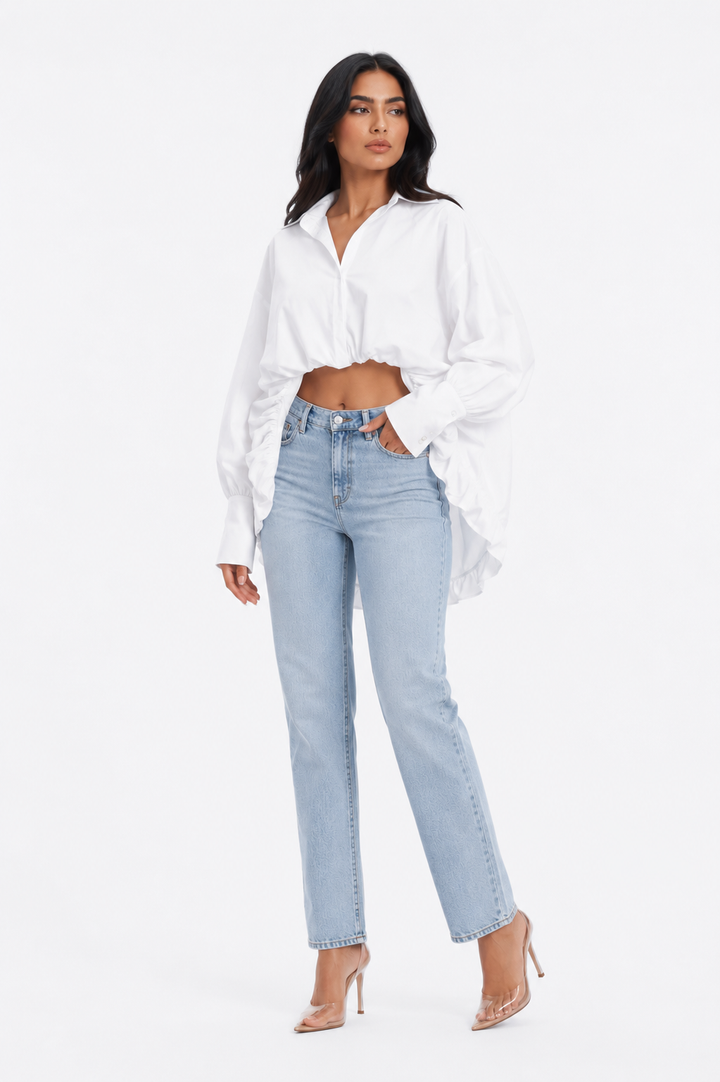 long-sleeve cropped blouse with ruched hem - Fenok