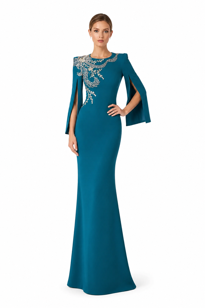 Embellished Long-Sleeve Maxi Dress with Sculpted Silhouette – IMPERIA