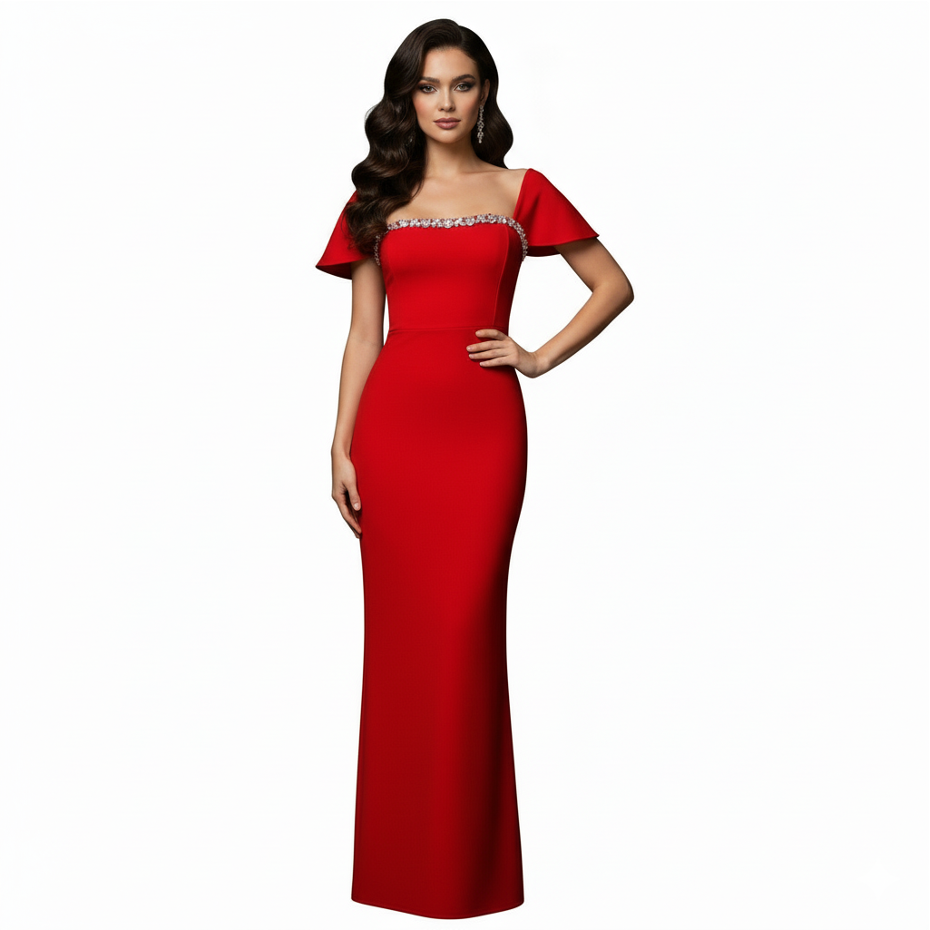 off-shoulder column dress with crystal neckline – ODD- AZURE