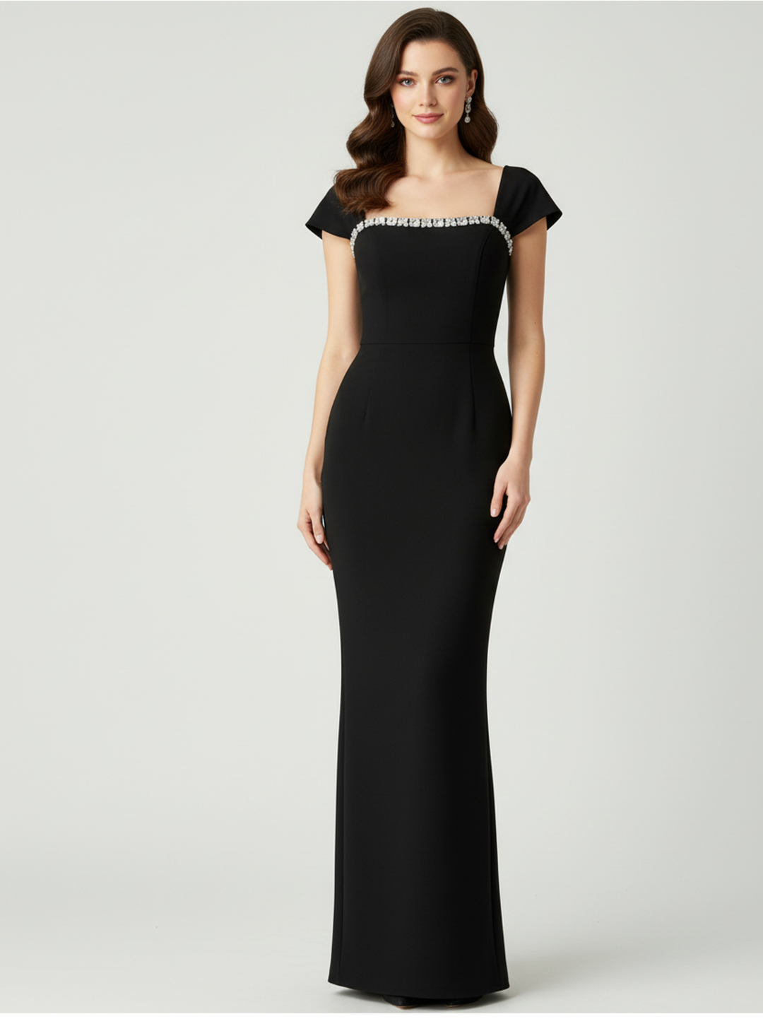 off-shoulder column dress with crystal neckline – ODD- AZURE
