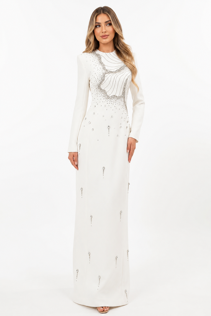 Long-Sleeve Column Dress with Embellished Floral Details - IVORY