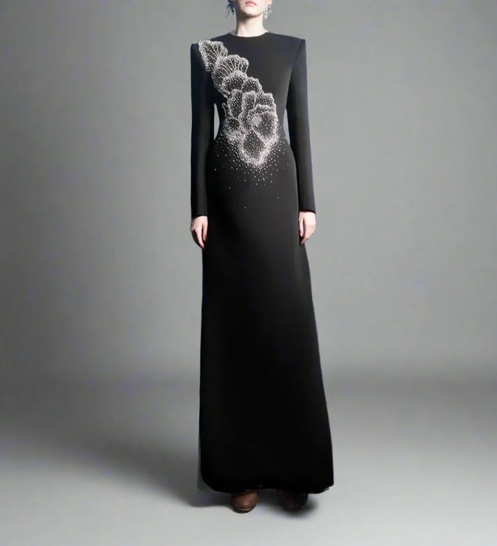 Long-Sleeve A-line Dress with Beaded Floral Accents - BLOSSOM