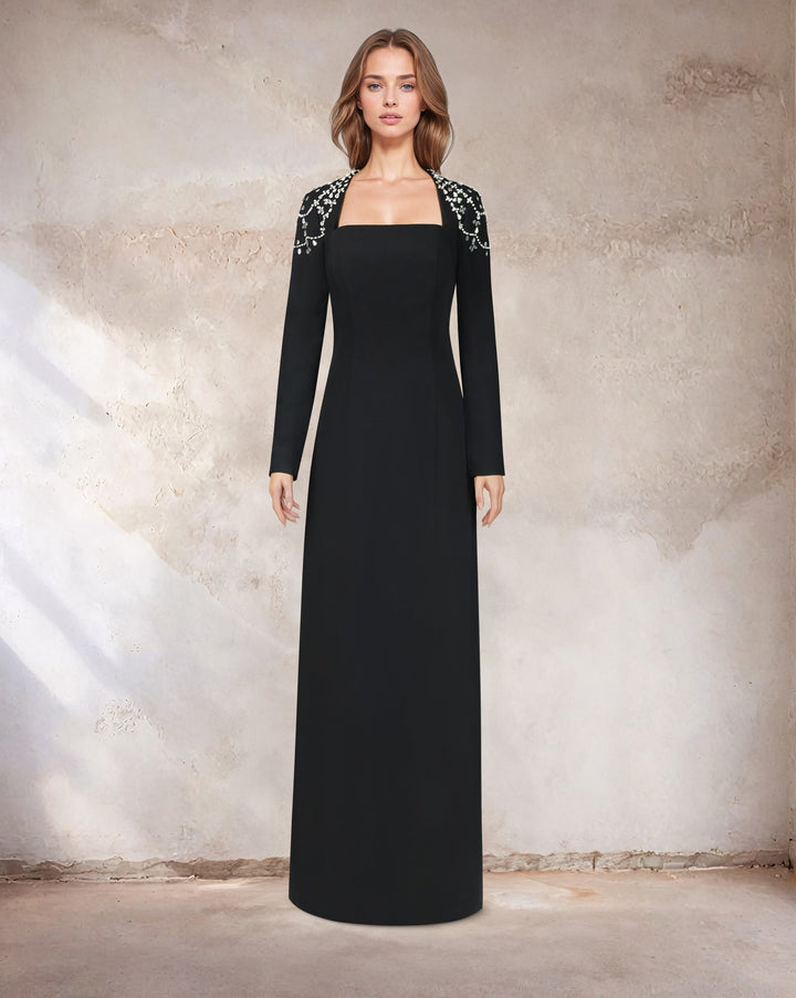 Black column dress with beaded shoulders and long sleeves ODD-Telqo