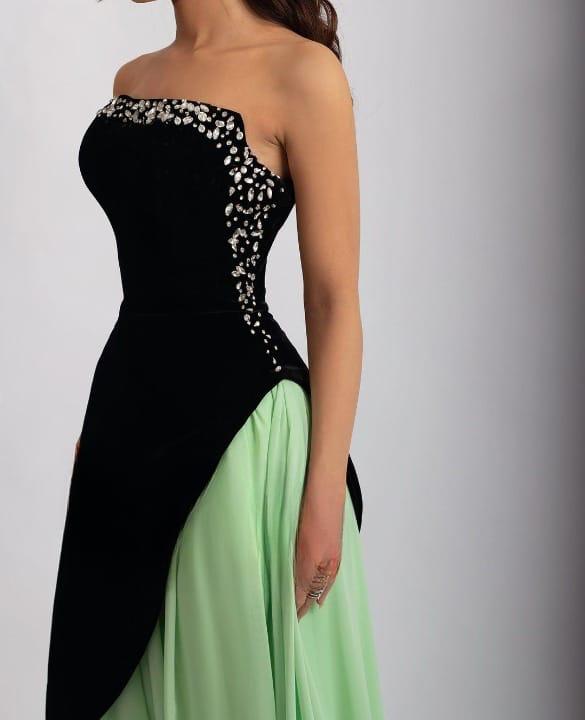Strapless color-block gown with embellished bodice – ODD- Poleno