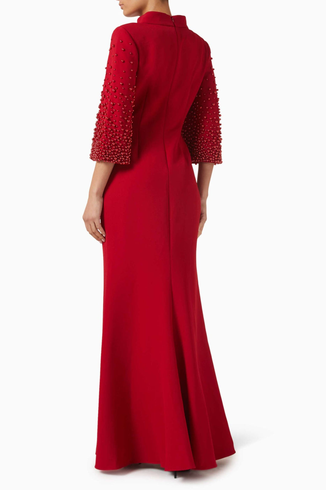 Beaded sleeve column gown with high neckline – SCARLETTA