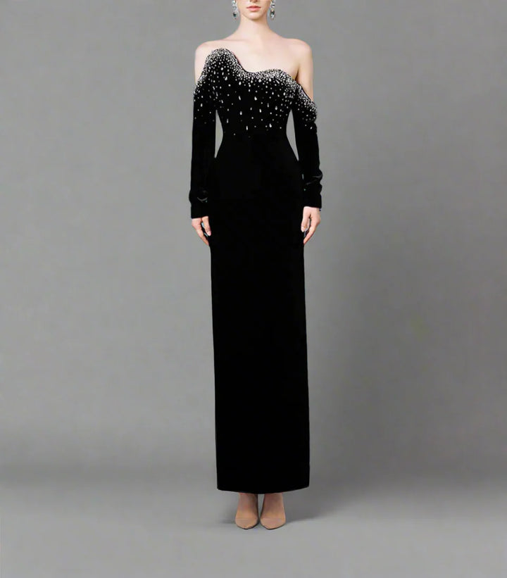 Long-Sleeve Column Dress with Crystal Embellishments - Marilyn
