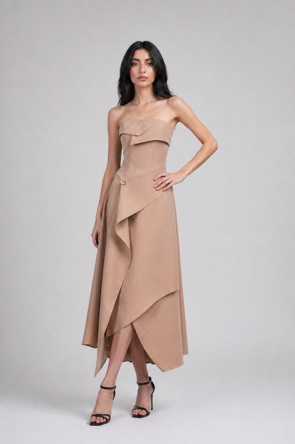 Beige Strapless Draped Midi Dress - SCULPTA