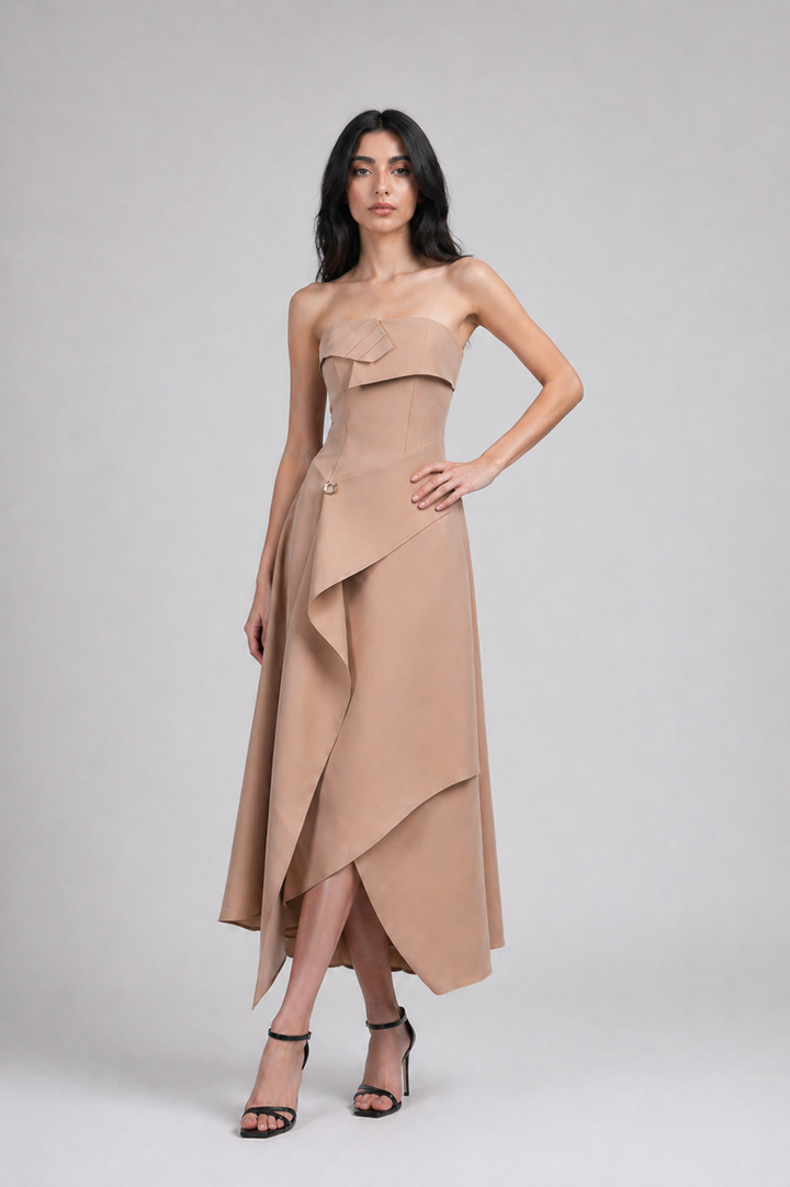 Beige Strapless Draped Midi Dress - SCULPTA