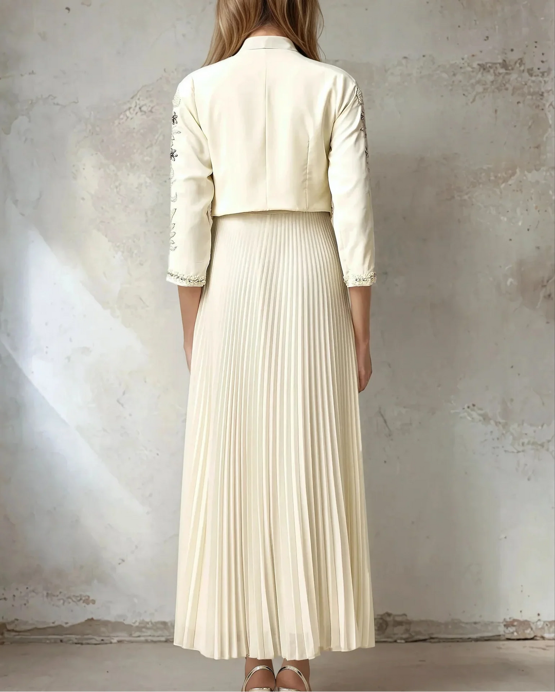 embellished cropped jacket with pleated maxi dress – CELESTE