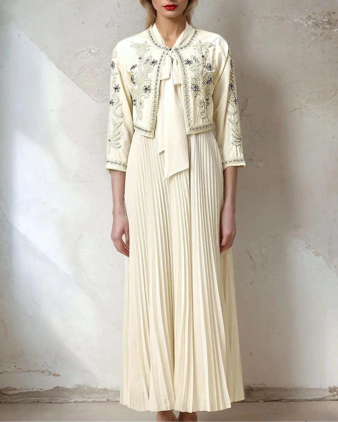 embellished cropped jacket with pleated maxi dress – CELESTE