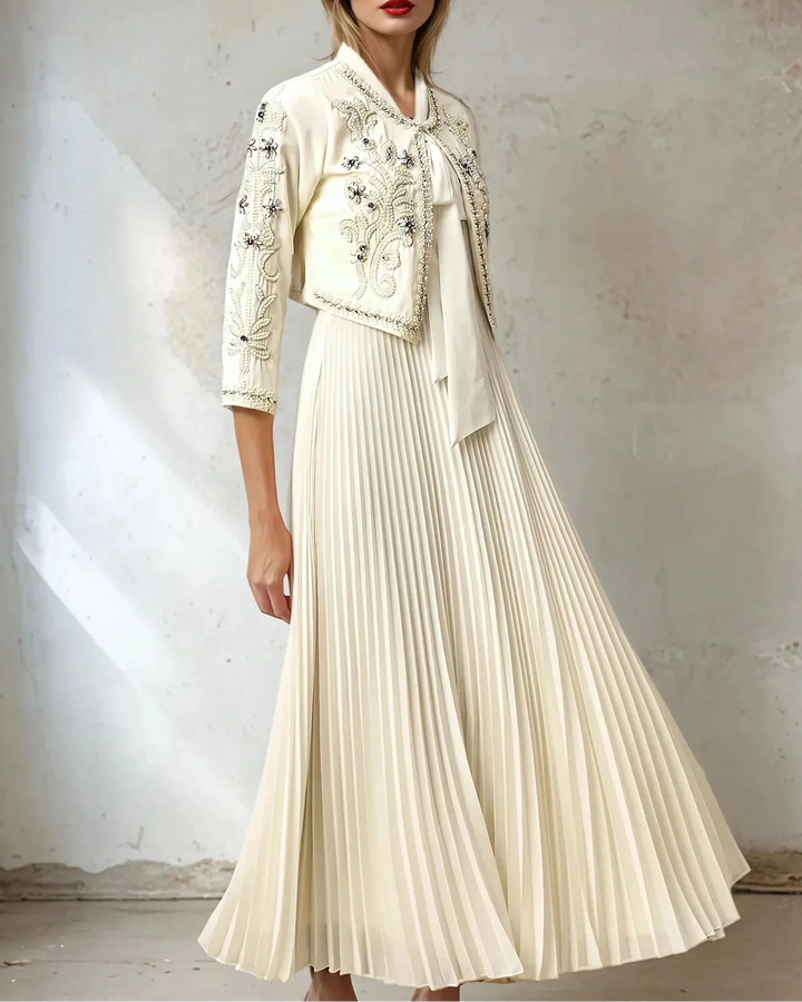 embellished cropped jacket with pleated maxi dress – CELESTE