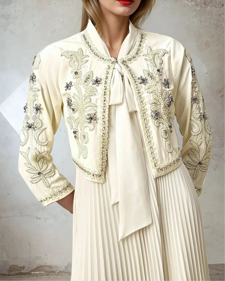 embellished cropped jacket with pleated maxi dress – CELESTE