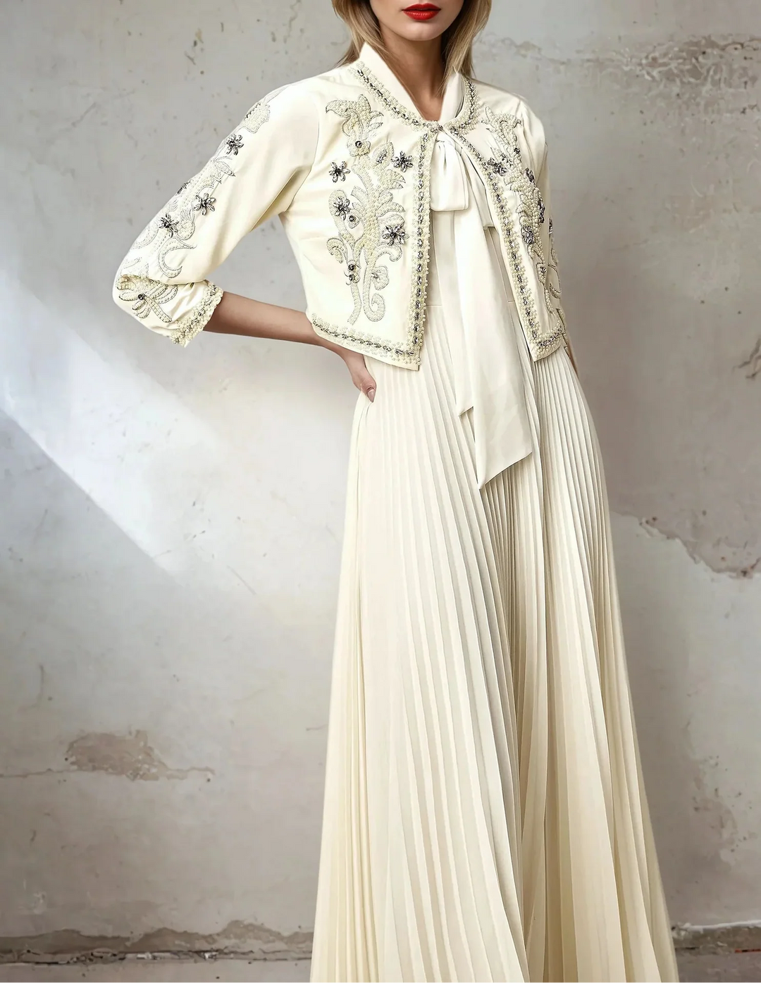 embellished cropped jacket with pleated maxi dress – CELESTE