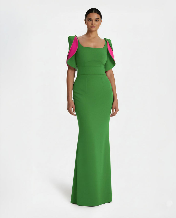 square-neck gown with contrast petal sleeves – EDEN-1