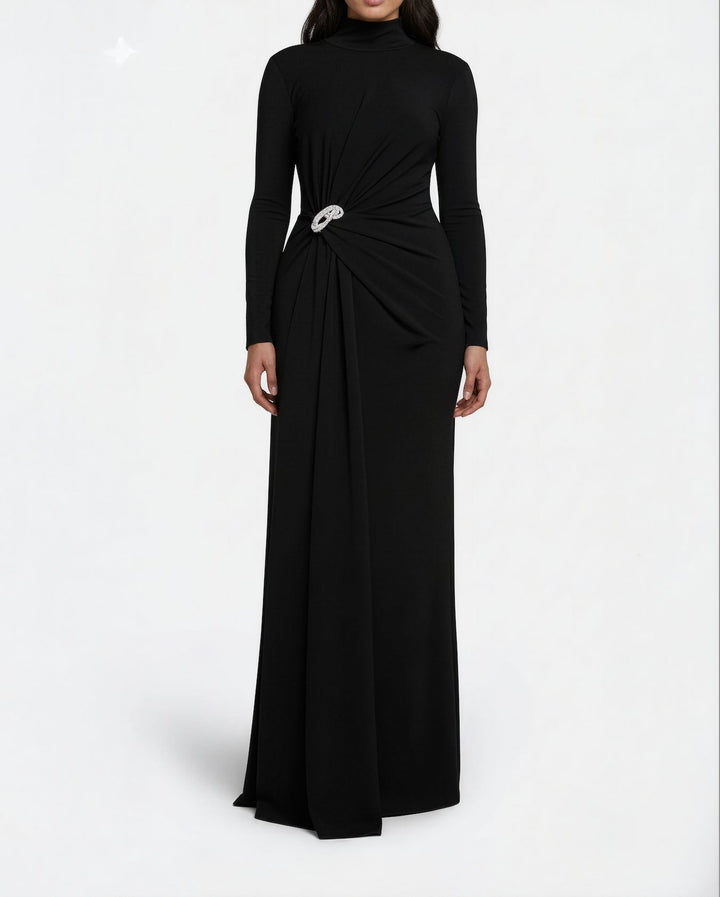 high-neck draped gown with crystal brooch – SERENA-1