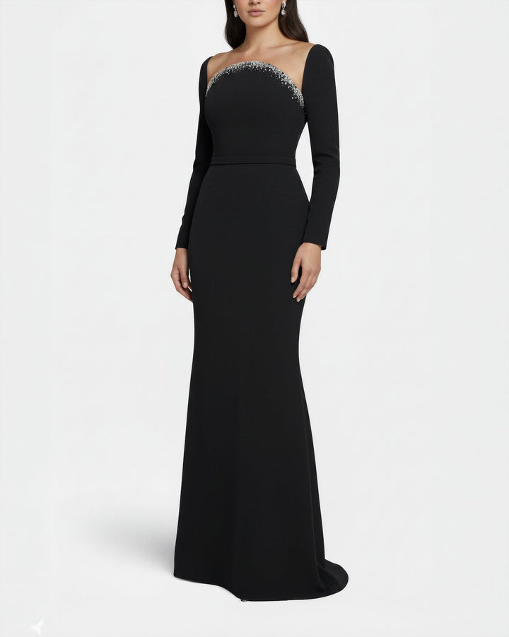 long-sleeve column gown with crystal-trimmed neckline – STELLA-1
