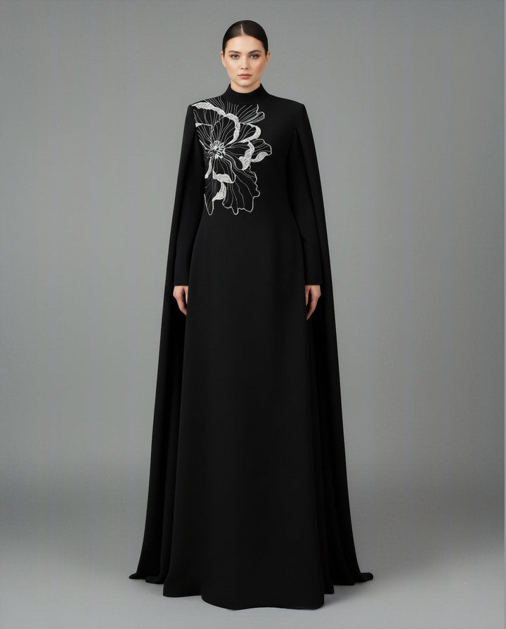 Long-sleeve flared dress with floral embellishment - BLOOM-1