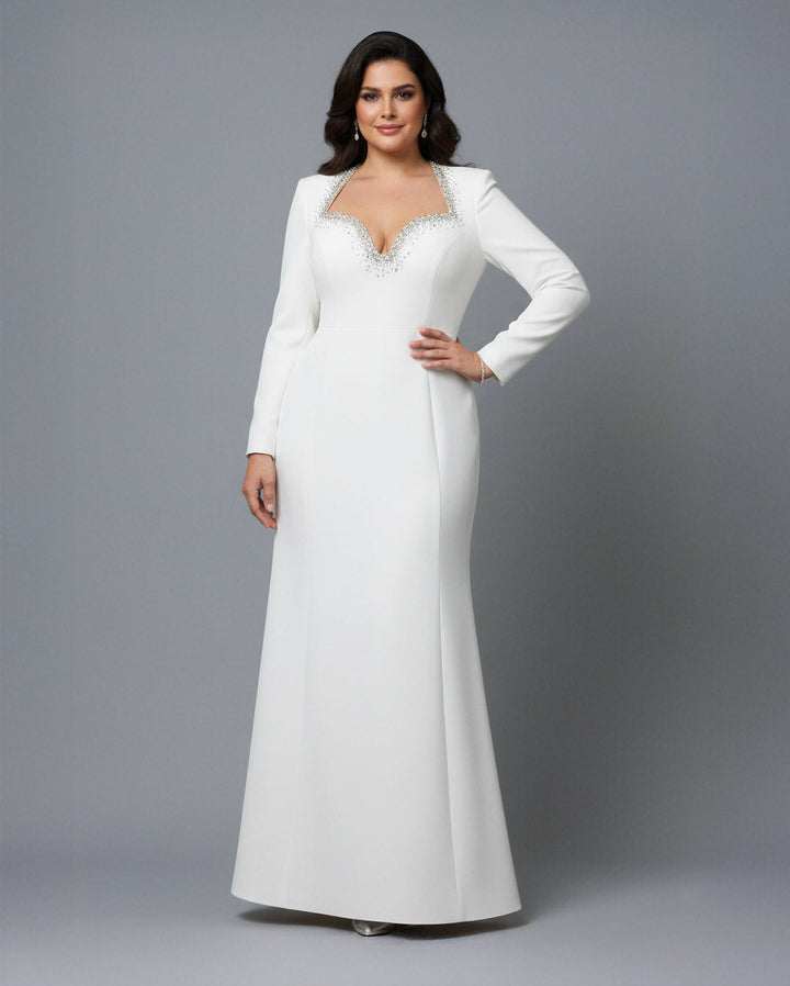 Long Sleeve Embellished Neckline Dress - Ivory-1