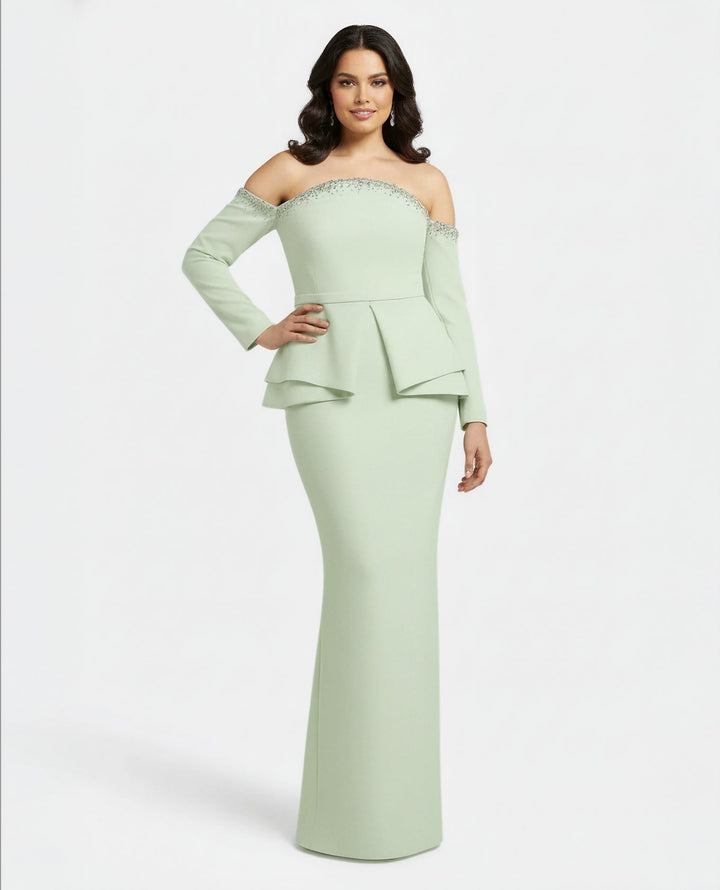 off-shoulder gown with embellished neckline and layered peplum – MINTELLE-1
