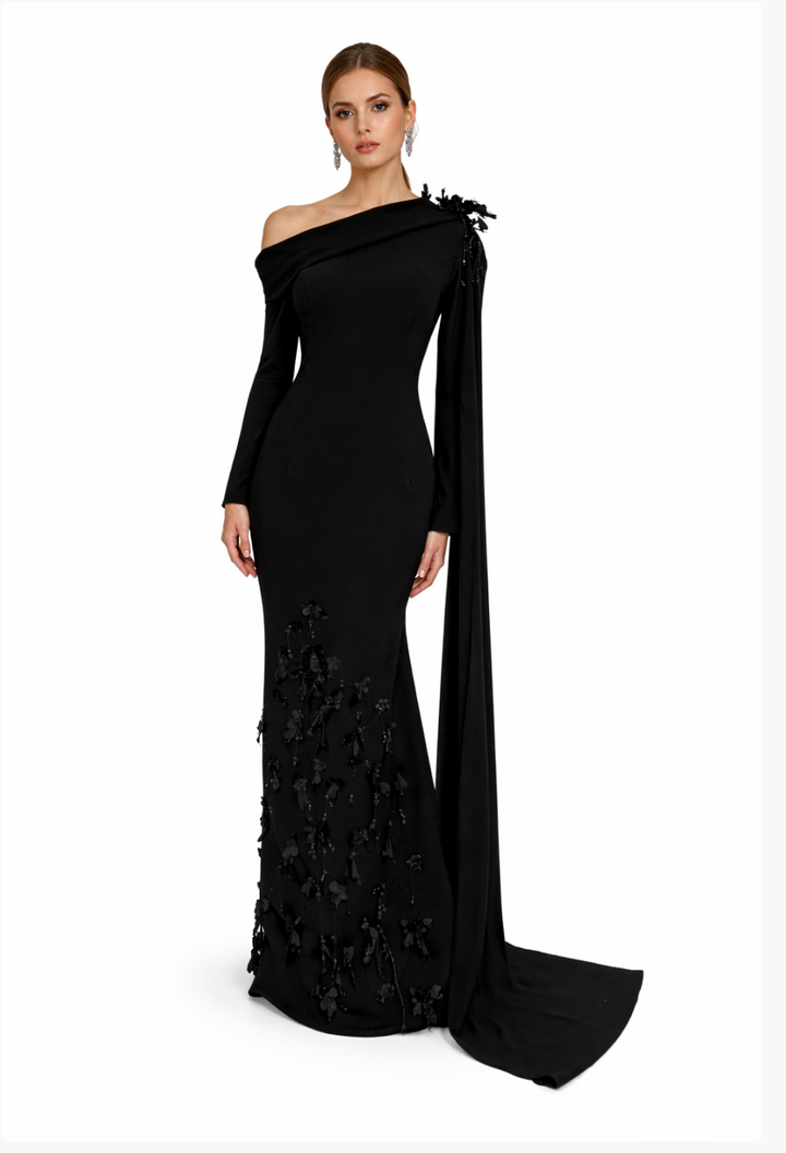 one-shoulder embellished gown with draped sash – CELVINA