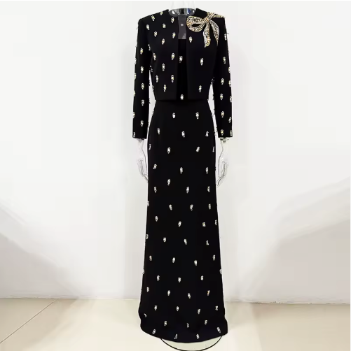 long-sleeve column gown with gold motif embellishments – SERAPHINE