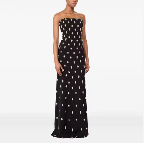long-sleeve column gown with gold motif embellishments – SERAPHINE