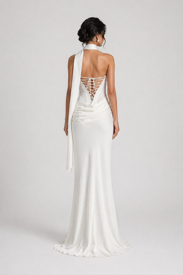White Draped Corset Maxi Dress with Scarf Detail - ÉLORIA